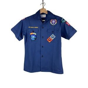 Boy Scouts of America Youth M Blue Button Up Uniform Shirt with Patches